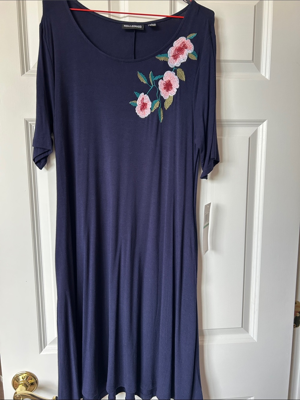 Nina Leonard Navy Midi Dress with Pink Floral Embroidery